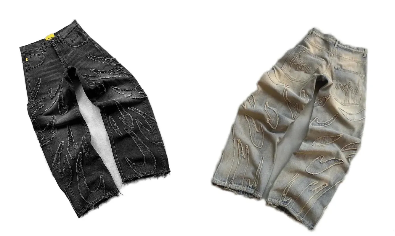 Mens Preppy Style Ripped Embroidered Denim Pants Casual Hip Hop 