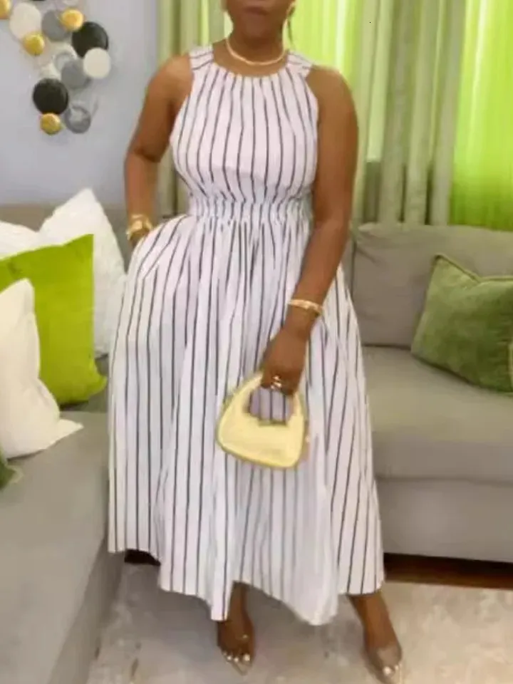 Plus Size Backless Striped A-Line Maxi Dress - Elegant Sleeveless Loose Fit for Women's Summer Streetwear - 240807