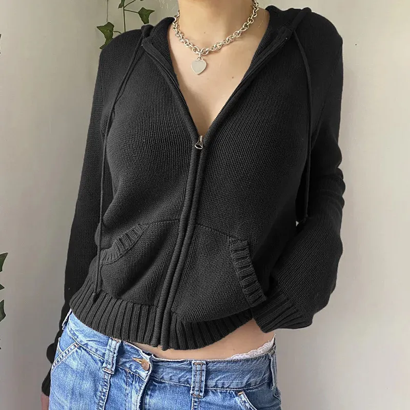 Vintage Solid Color Knitted Sweater Cropped Zip Up Hoodie For Women Long Sleeve Zip Up Cardigan With Hood Y2K Pullover Streetwear Outwear 240807 From Eshinestore 14.25 DHgate.Com