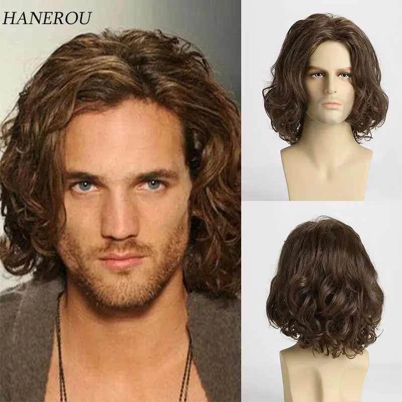 DHgate Natural Wavy Synthetic Wig for Men Medium Brown Adjustable Short Curly Hair Piece Hair Products
