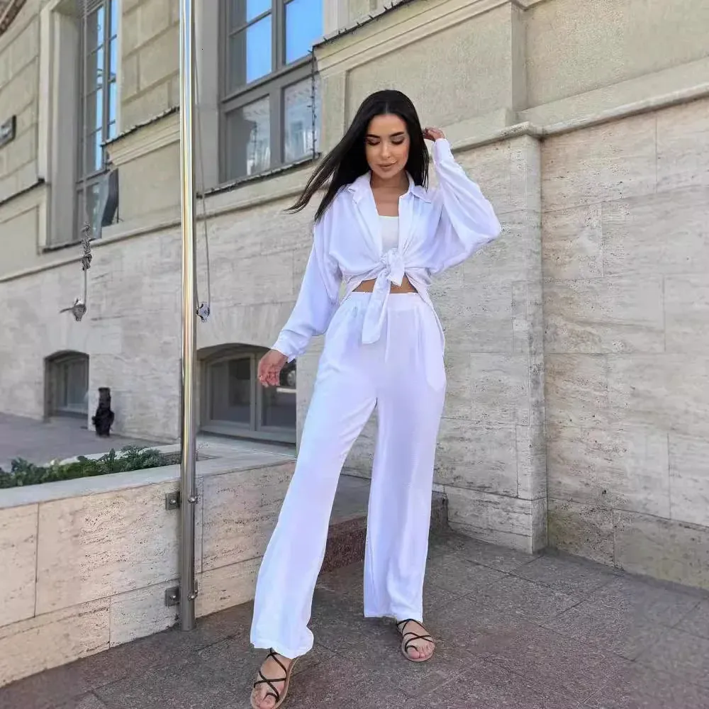 Women's 2-Piece Outfit Set – Oversized Button-Down Shirt & High-Waist Pleated Pants, Blue, Size Small - View #2