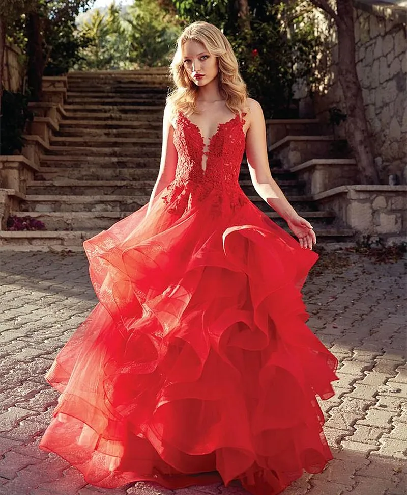 Red Lace Applique A-Line Red tulle prom dress with Causcading Ruffles and Floor-Length Hemline for Women - Perfect for Birthday Parties and Evening Red Lace Applique A-Line Red tulle prom dress with Causcading Ruffles and Floor-Length Hemline for Women - Perfect for Birthday Parties and Evening