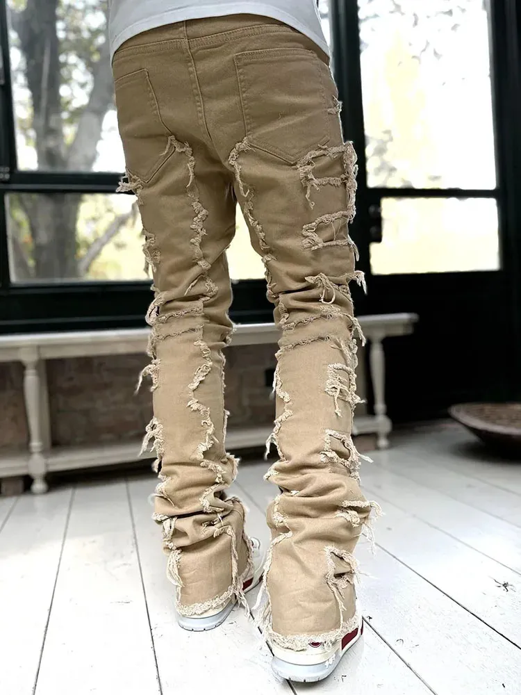 Men's White Stacked Denim Jeans Patchwork Distressed Trousers_voghion.com