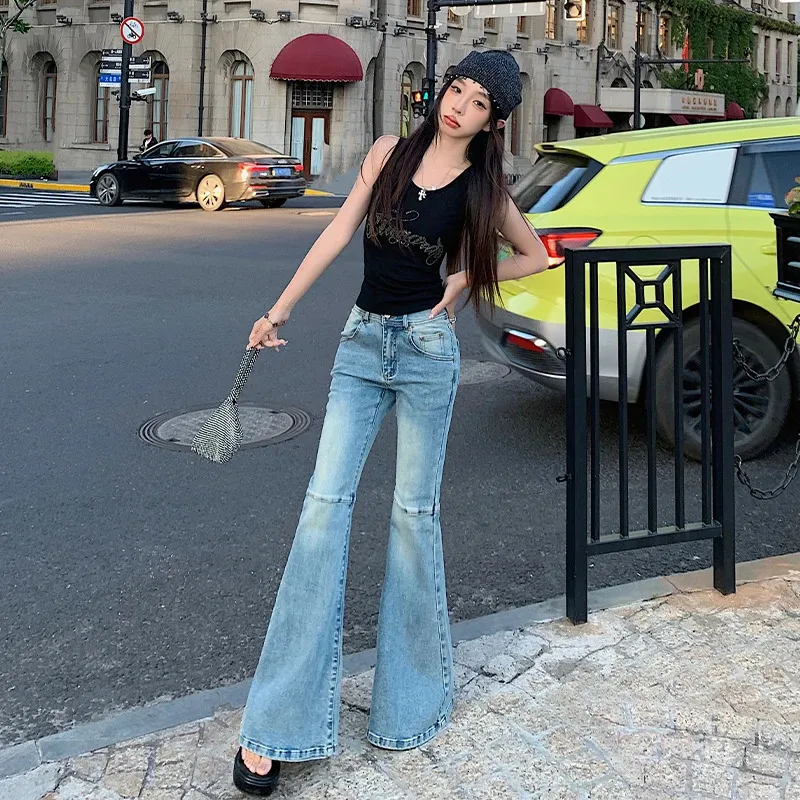 Women's Flare Jeans High Waisted Vintage Frayed Baggy Bell