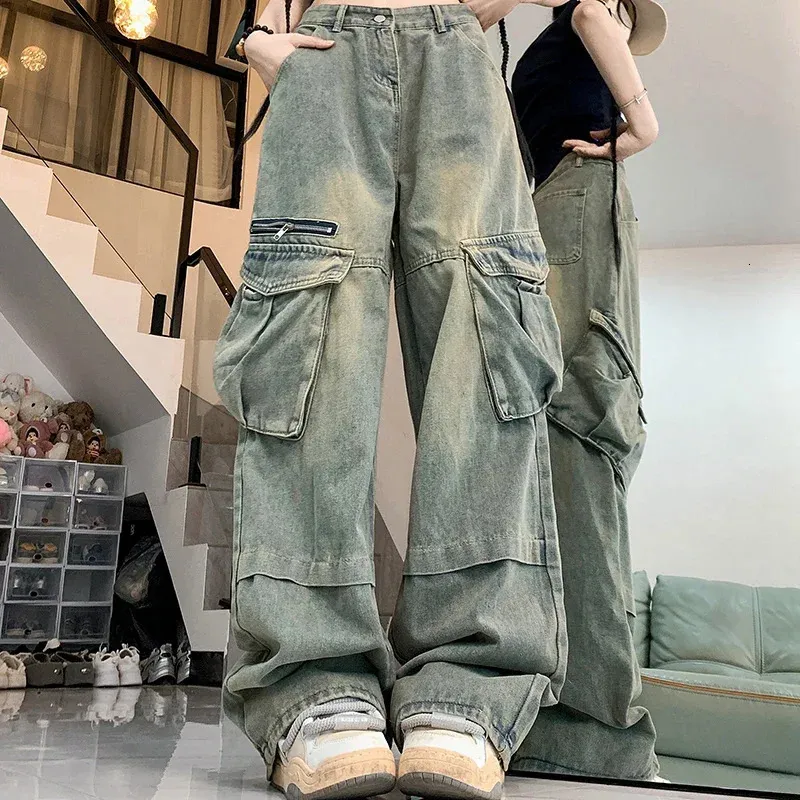 Woman Wide Leg Jeans Y2K 90s Vintage Blue Denim Cargo Pants Baggy