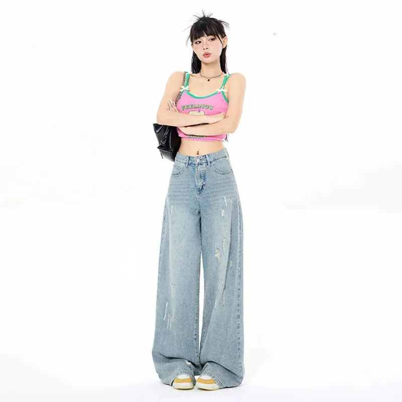 Retro Wide Leg Pants Womens High Waisted Denim Jeans, Vintage
