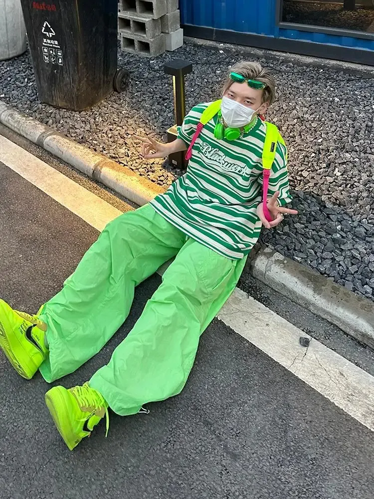 DEEPTOWN Oversize Y2K Green Cargo Parachute Pants Baggy Fit