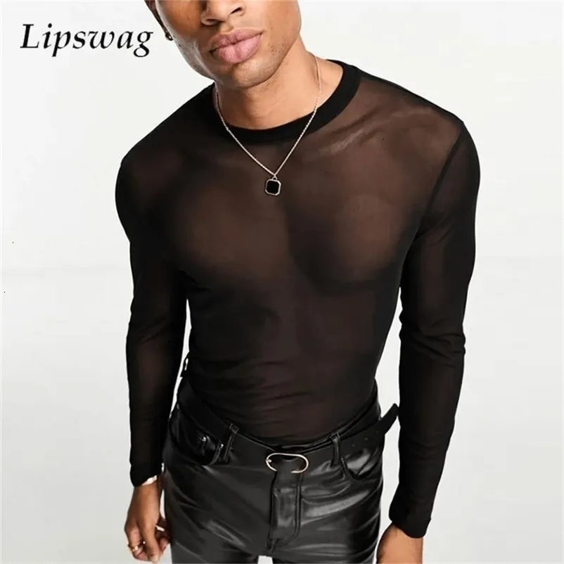 Men's See-Through Mesh muscle fit t shirts - Sexy & Thin for Spring/Spring Parties - O Neck, Long Sleeve, Transparent - Style 240814