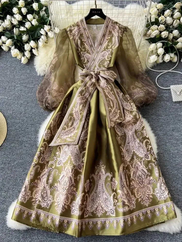 fitted lace wedding dress Jordan Long-Sleeve Wrap Dress in Hammered Satin Tropical Leaf / 20X main image 1