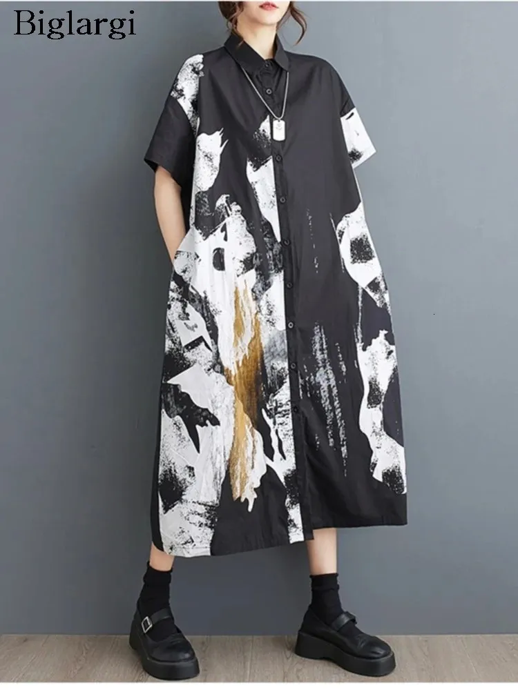 Oversized Summer Midi Shirt Dress Women Graffiti Print Modis Loose Ruffle Pleated Ladies Dresses Casual Short Sleeve Woman Dress 240808