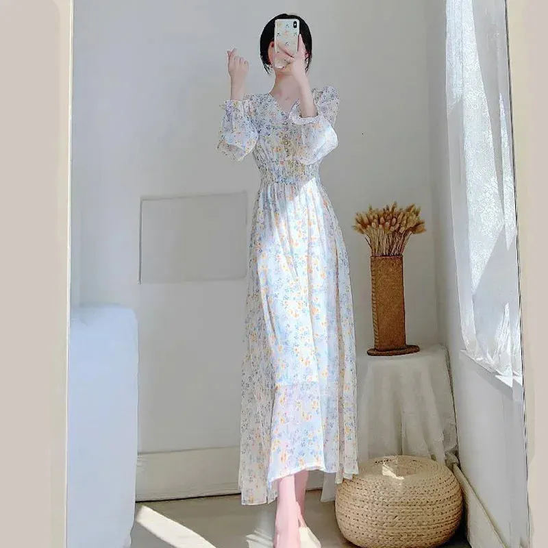 Elegant Chiffon Midi Dress - Floral Print, V-Neck, A-Line