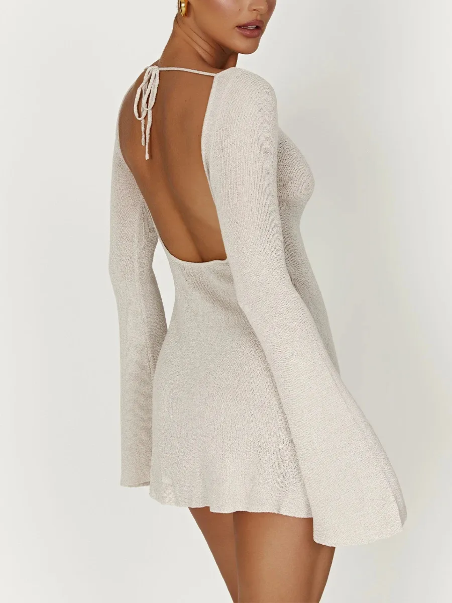 Sexy Women's Knitted Mini Dress with Long Sleeves, Slim Fit, Fitted skirt, Tie Backless - Perfect for Casual Wear (240808)