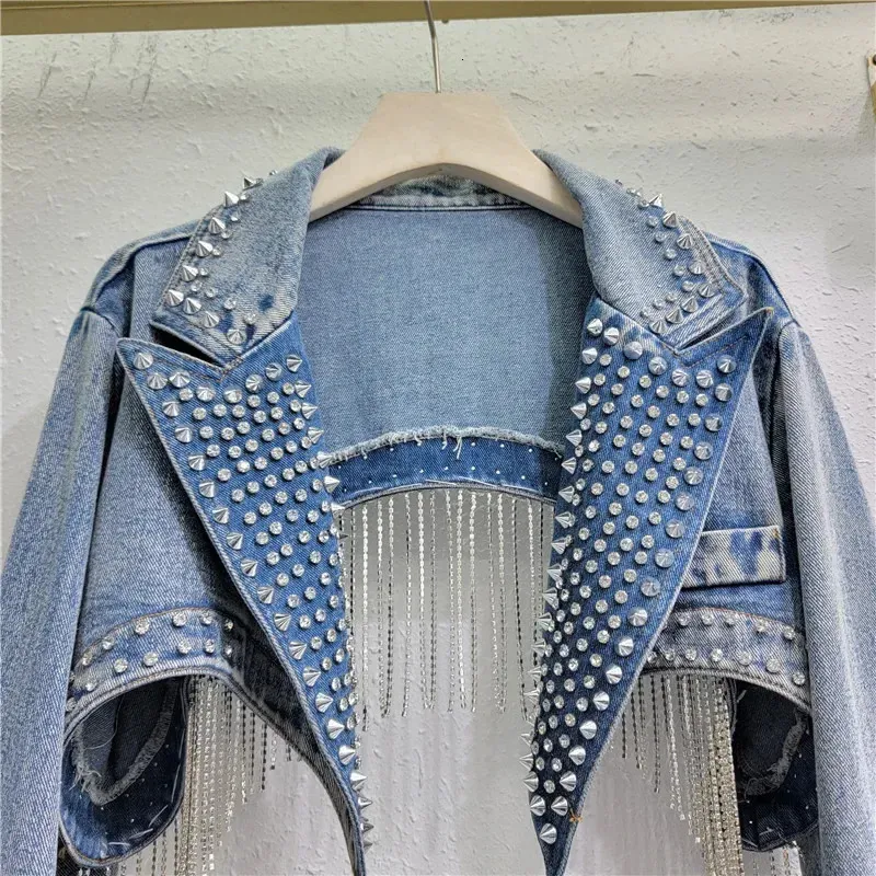Denim Jackets With Rhinestones And Crystal Fringed Jean Jacket