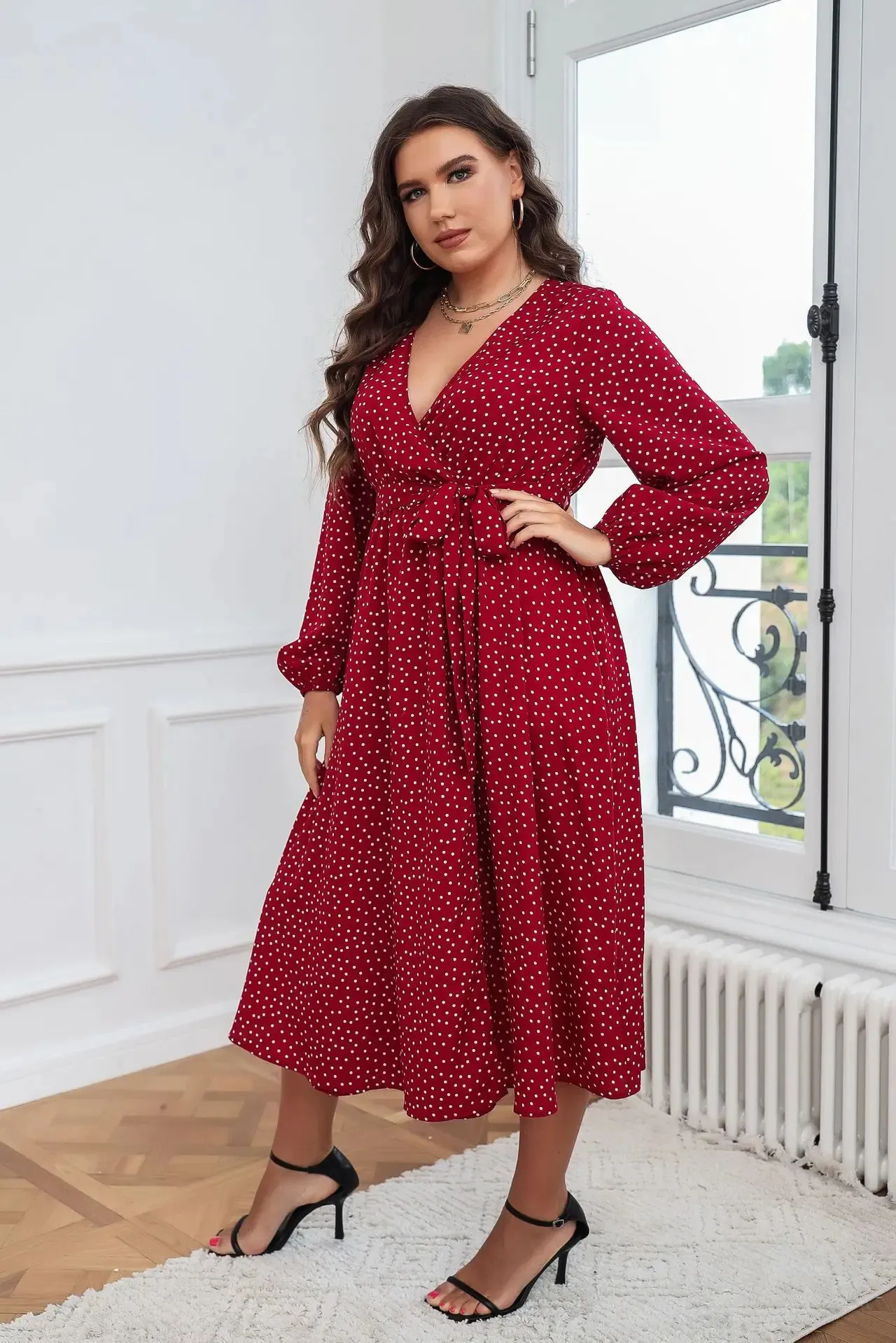 open lace back dress Plus Size Red Casual Round Neck With Pocket Wrap Maxi Dress main image 1