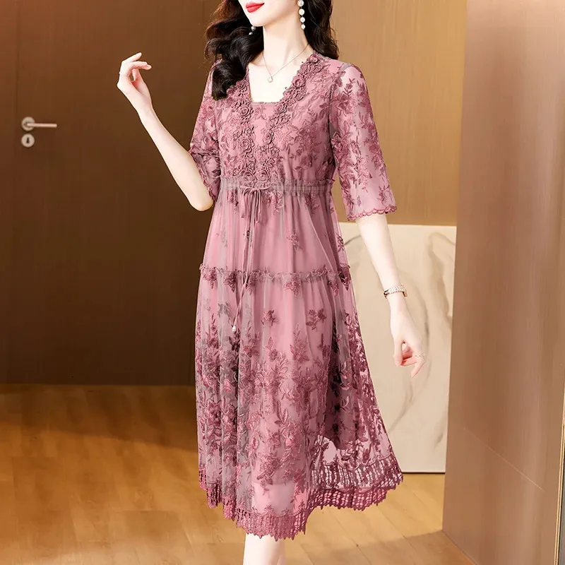 Floral Lace Overlay Silk Blend Midi Dress With Puff... From Wangge789,  $30.89 In Bulk | DHgate.Com