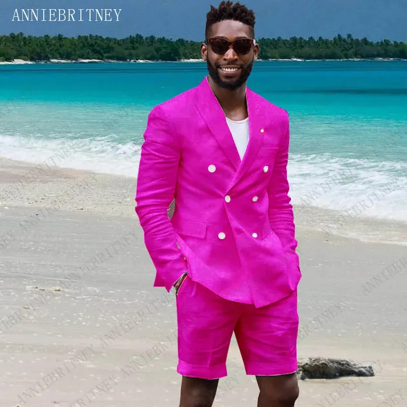 ANNIBRITNEY Linen Two Piece Set Mens Jacket Pink Ultra Thin Waist