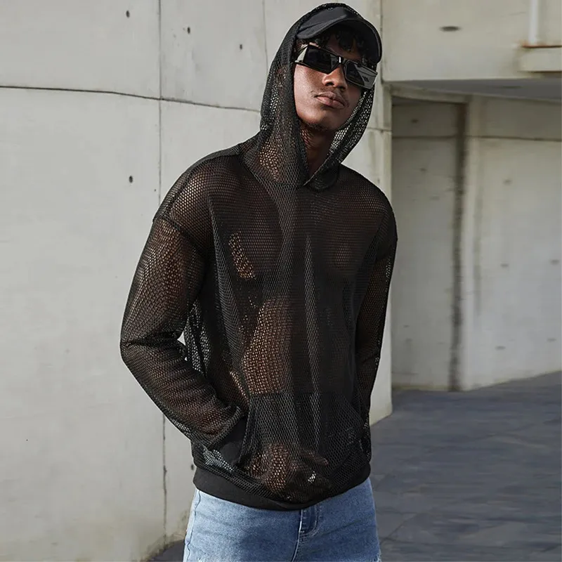 Mens Mesh Hoodie: Long Sleeve, Hollow Out, See-Through Top Shop