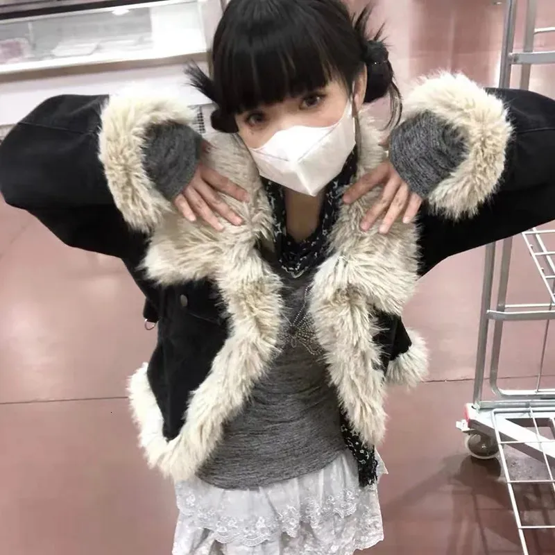 Y2K Grunge Denim Fur Jacket - Black Patchwork Coat, Winter