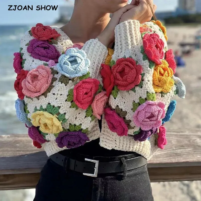 3D Flower Ball Crochet Cardigan V Neck Lantern Sleeve Knit Sweater