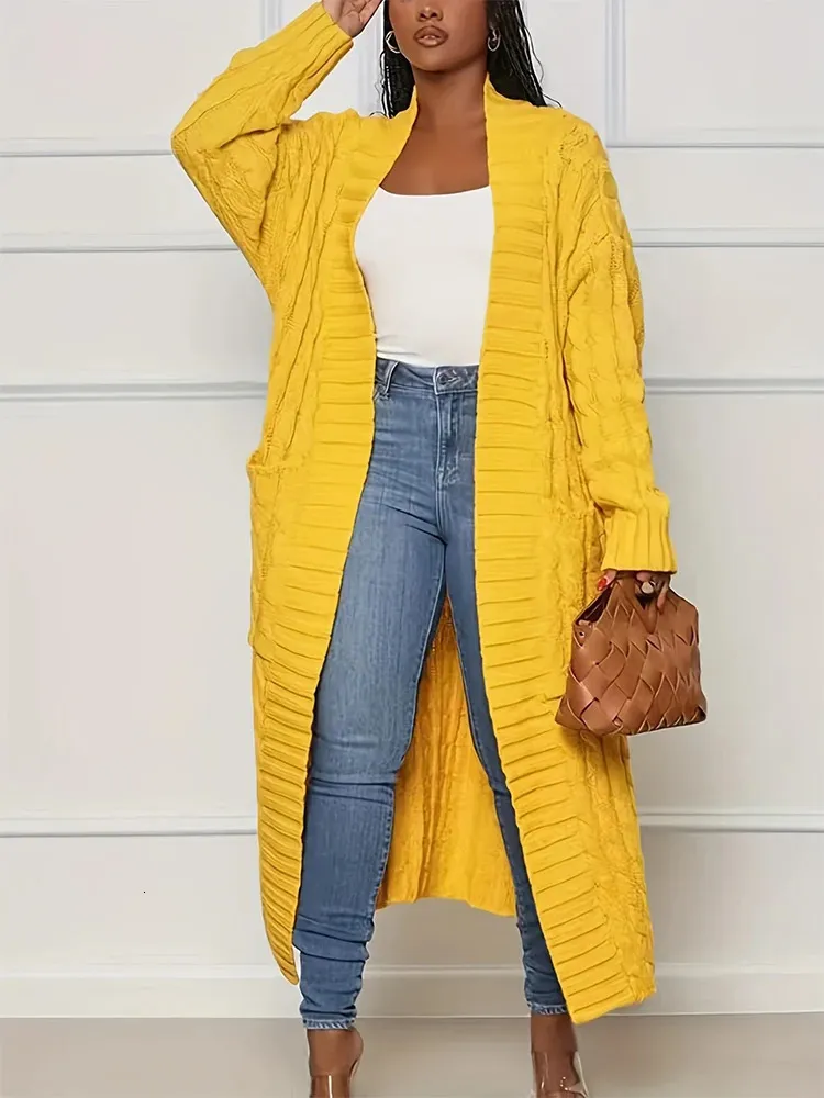 Cielo Women's Long Open Front Knit Cardigan Sweater With Pockets - Mustard, Size M - View #5