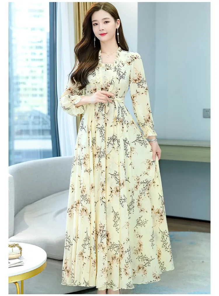 Floral Long Sleeve Chiffon Floor-Length Dress with Zipper Closure for Women  from Dhgate Basic & Casual Dresses - price 86.89