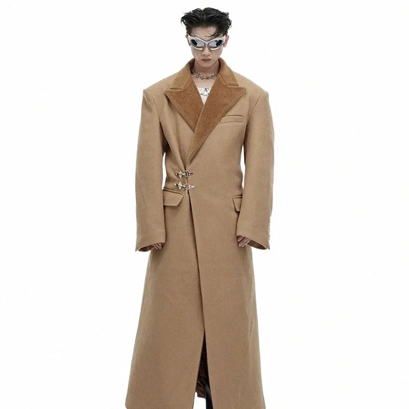 Mens 100% Wool Single-Breasted Knee-Length Coat Gray Patchwork