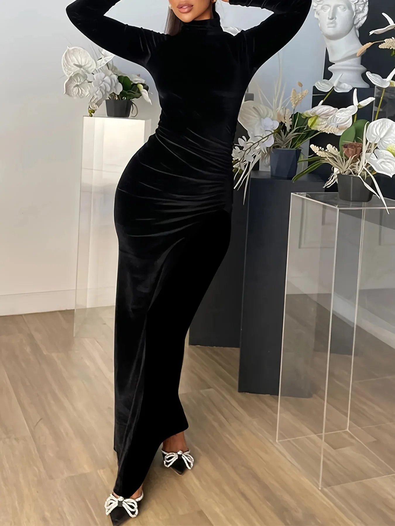 high neck black velvet dress MILA MOCK NECK CRUSH VELVET DRESS-BLACK S / Black main image 0