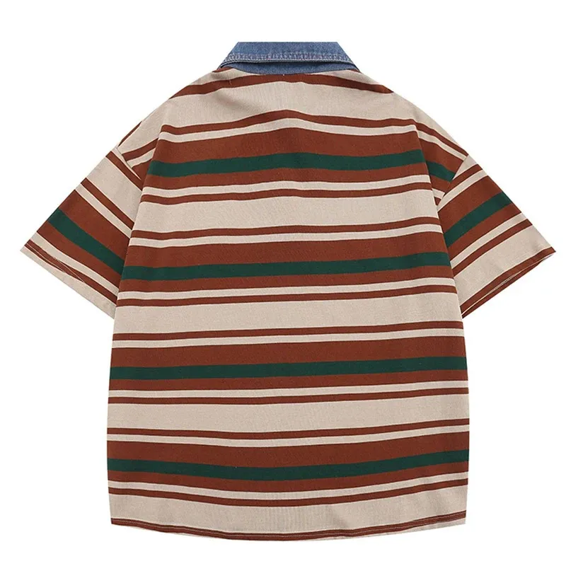 Retro Striped Polo T-Shirt: Oversized Hooded Streetwear for