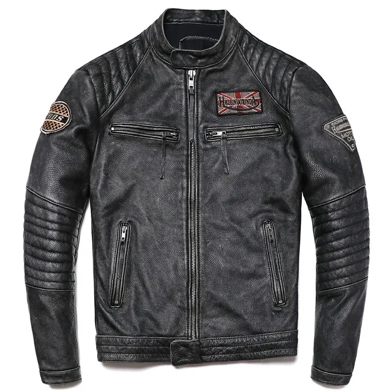 ジャケット・アウター vintage grey leather motor cycle coat Vintage Grey Biker Jacket Mens - Genuine Leather Motorcycle Coat