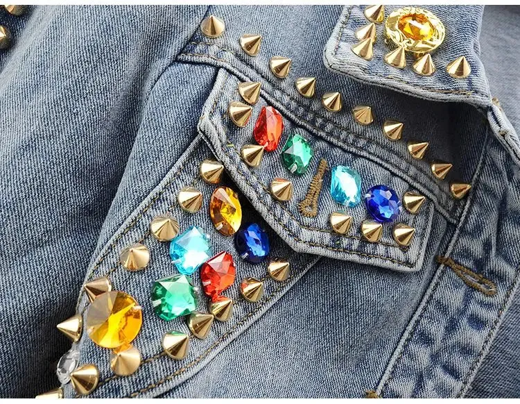 Rhinestone Denim Jacket Womens Jean Coat - Colorful Gemstone