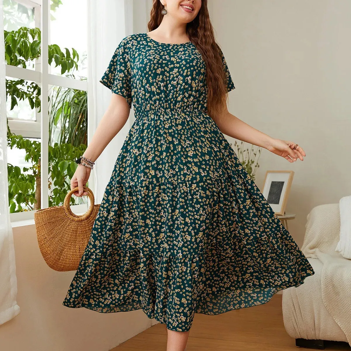 plus size green casual dress Plus Size Green Casual Round Neck Short Sleeve With Pocket Denim Maxi Dress
