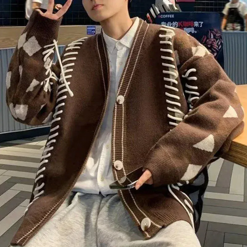 Y2K Retro Knit Cardigan for Men - Korean Fashion, Long Sleeve V