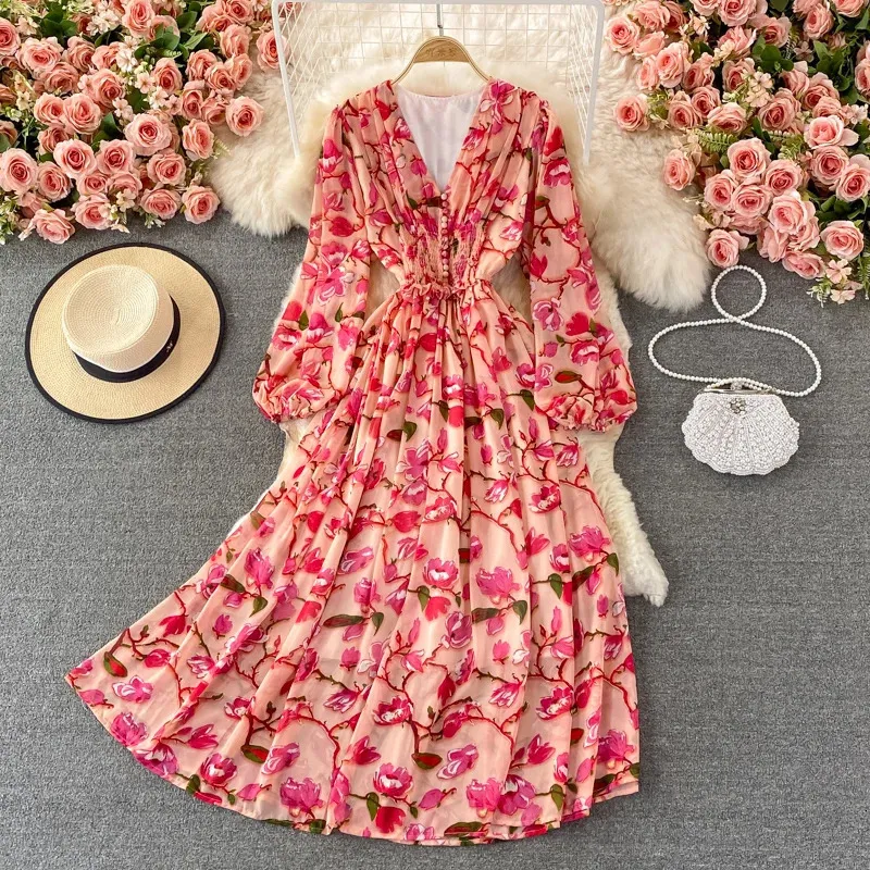 Floral Printed V Neck Beach Floral Midi Dress With Sweet