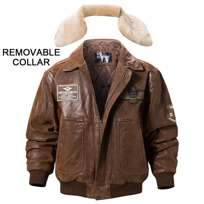 Mens Genuine Leather Bomber Jacket with Removable Fur Collar