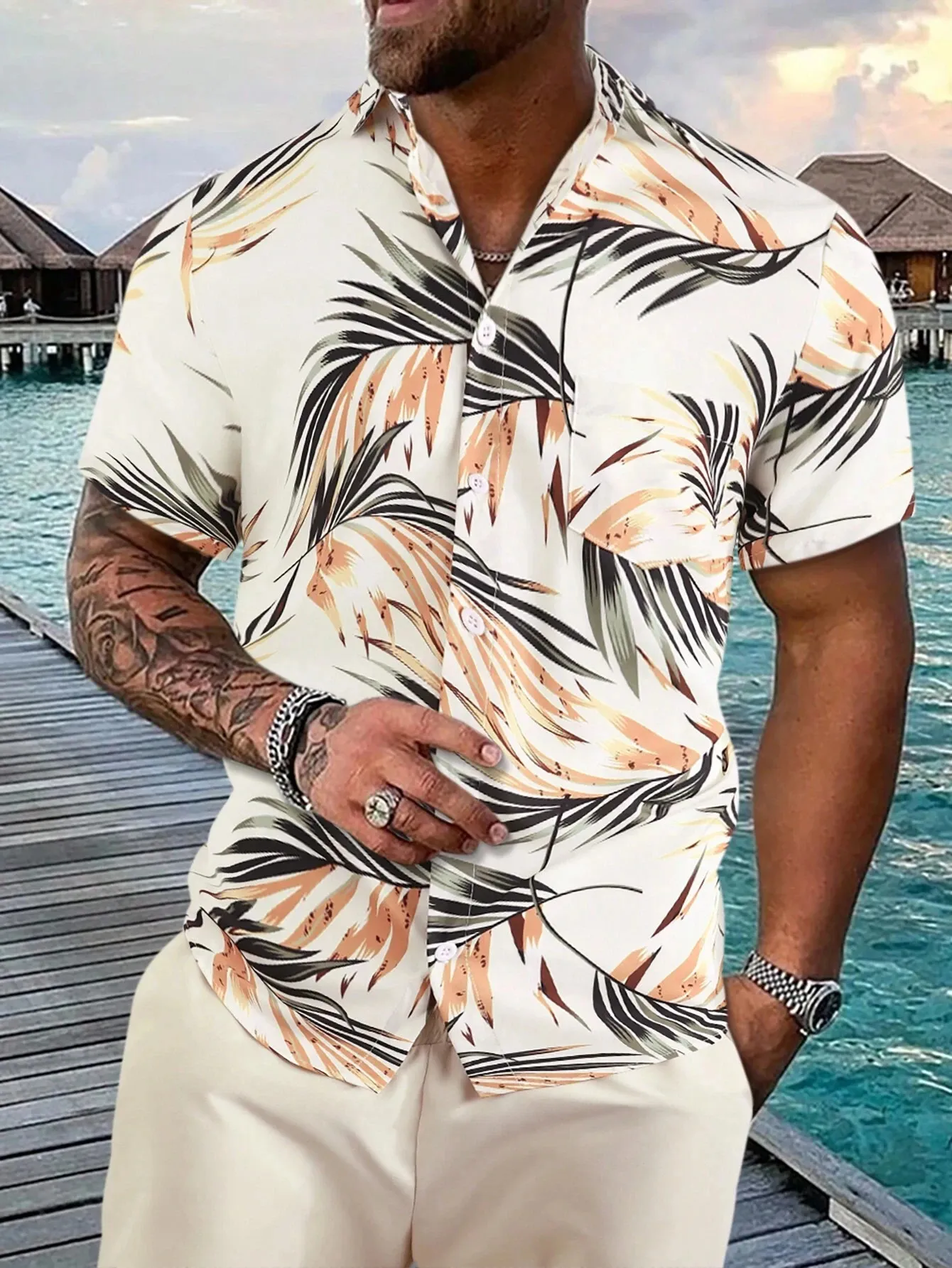HUGS IDEA Men's Hawaiian Shirt - Slim Fit Short Sleeve Button Down With Tropical Print