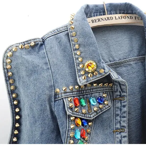 Rhinestone Denim Jacket Womens Jean Coat - Colorful Gemstone