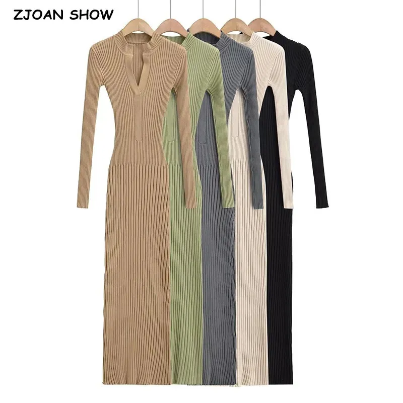 Long Sleeve Bodycon Midi Dress: Rib Knitted V Neck Sweater Dress For ...