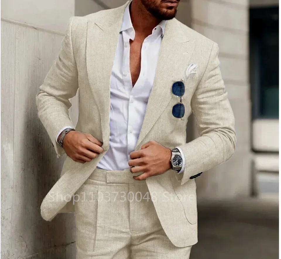 Elegant Beige Linen Suit for Men Slim Fit Casual Blazer Pants Set, High  Quality 2-Piece, Stylish Smart Casual Outfit