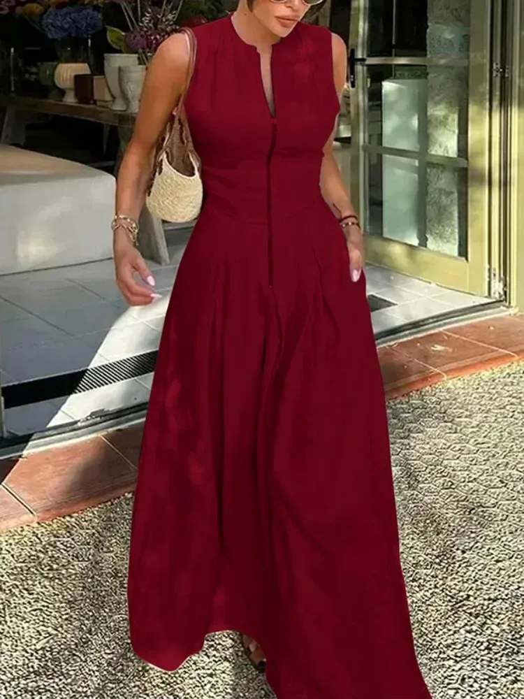 white christmas dresses Uoozee-Official Loose Sleeveless Solid Color Split-Side Shawl Collar Maxi Dresses Fuschia / S