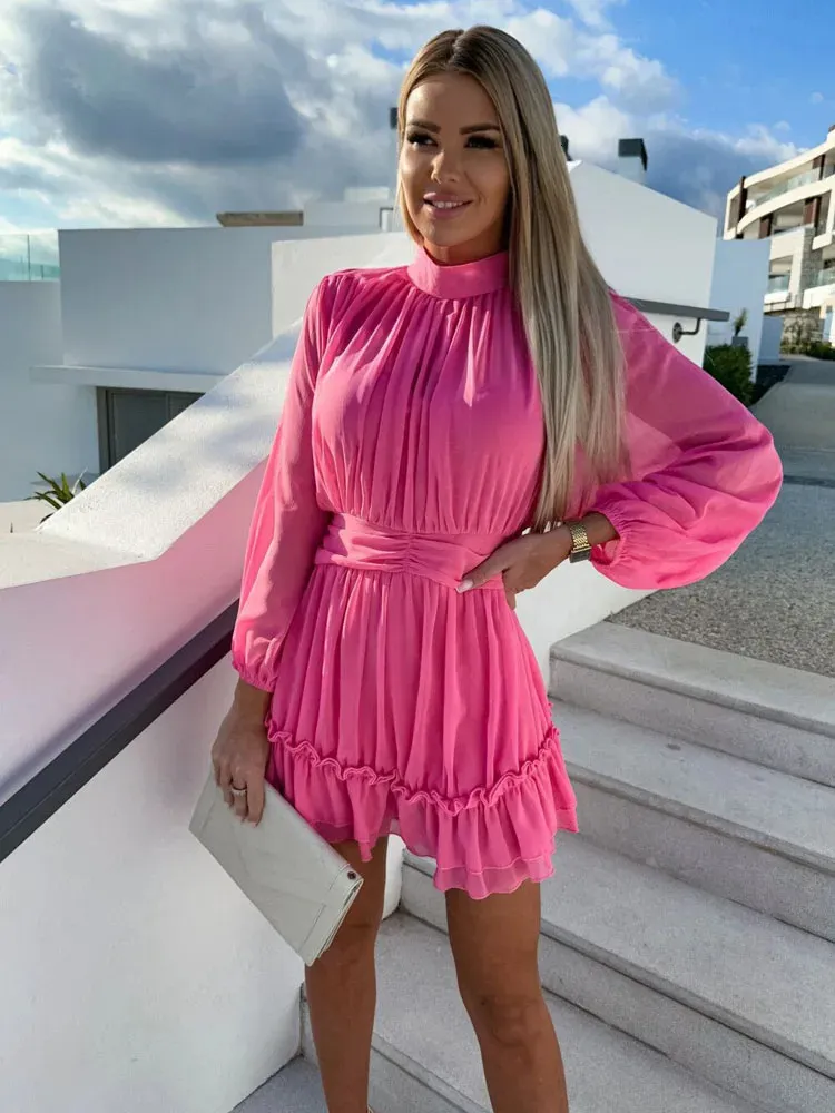 Sweet Autumn Chiffon O-Neck Drop Pleated Dress with Ruffle S20 Edge - Slim Fit, Long Sleeve, Perfect for Office and Parties (240808)