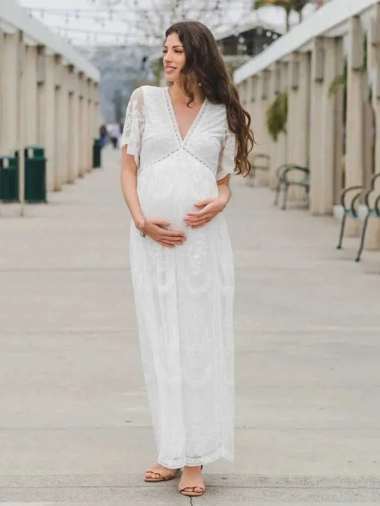 Maternity Dress White Lace Short Sleeve V Neck Maxi Dress for Pregnancy  Photo Shoot from Dhgate Maternity Dresses - price 21.79
