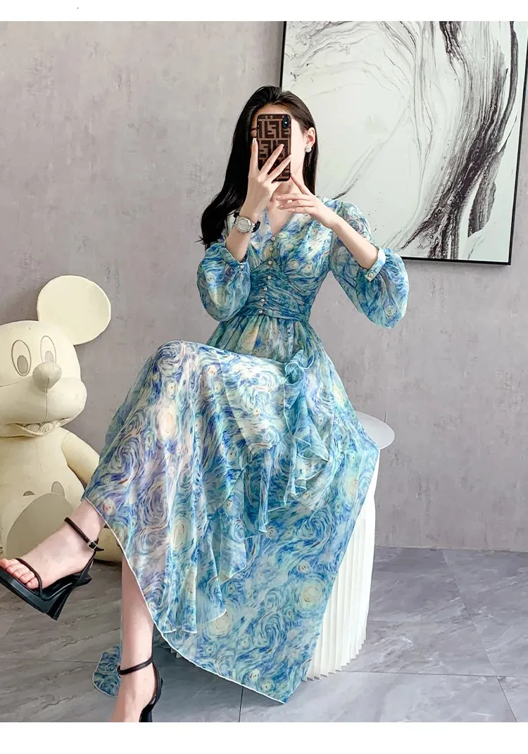 Womens Vintage Floral Chiffon Maxi Dress Long Sleeve, V Neck