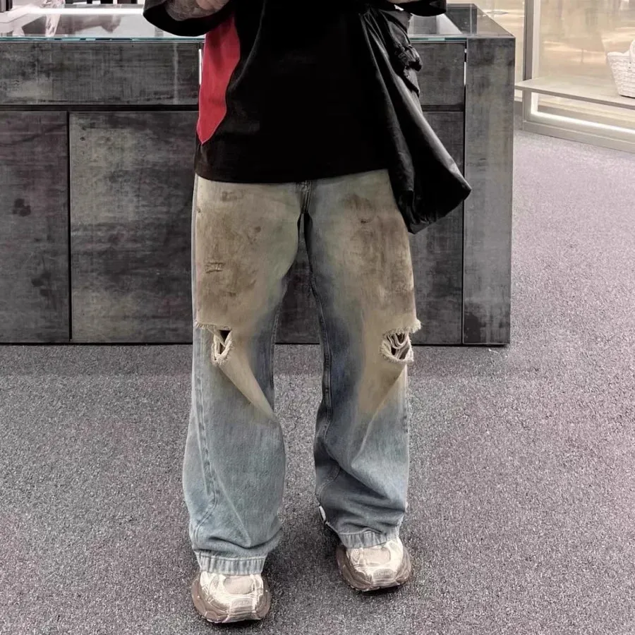 Y2k Yellow Mud Dyed Hole Baggy Jeans Pants Unisex Casual  display picture 1