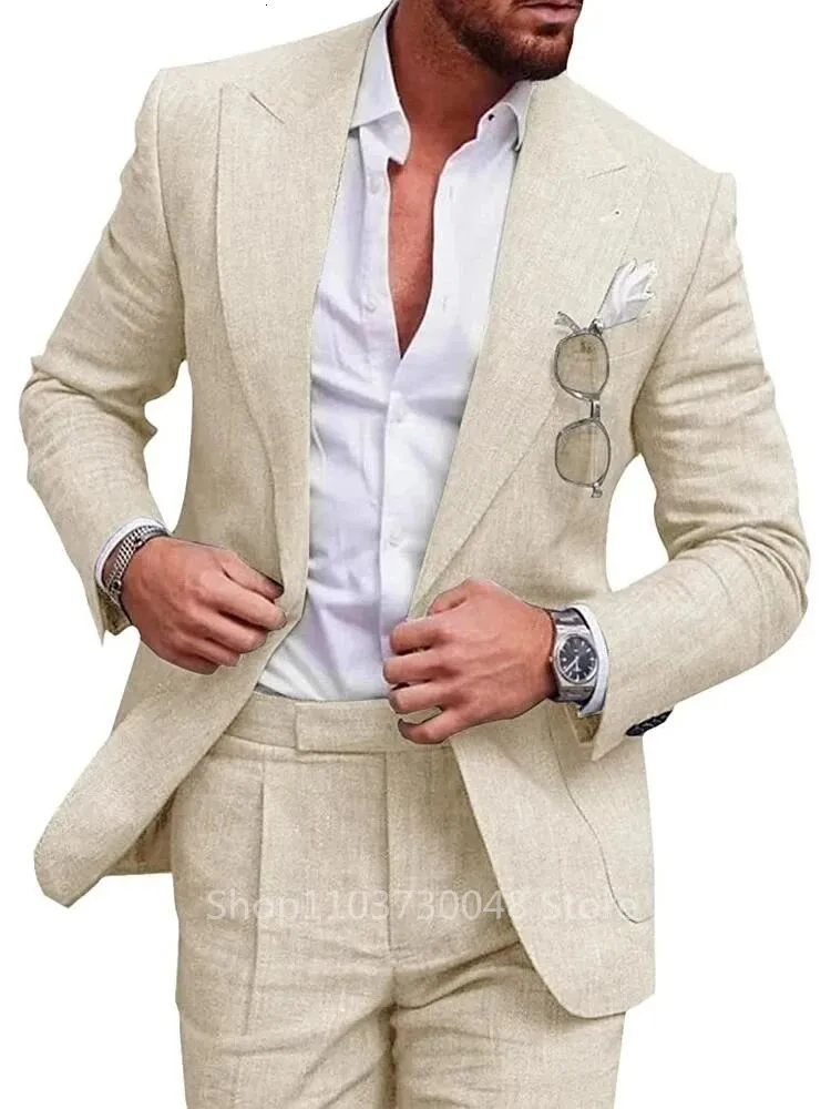 Light Blue & Beige Linen Suit for Men - Slim Fit, Single