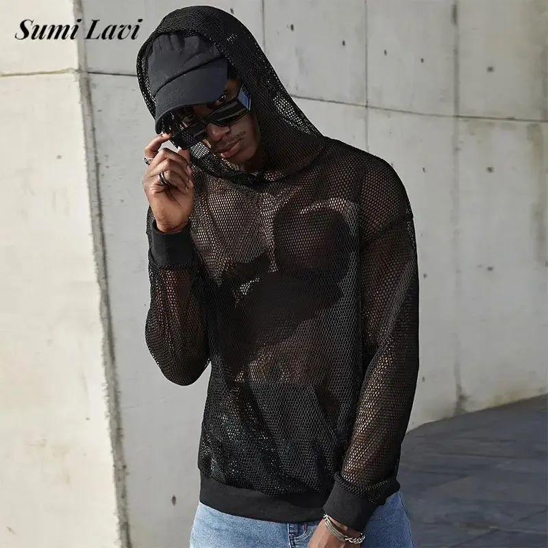 トップス short long sleeves mesh hoodie Trendy See-Through Mesh Hoodie: Sexy Long Sleeve Pullover