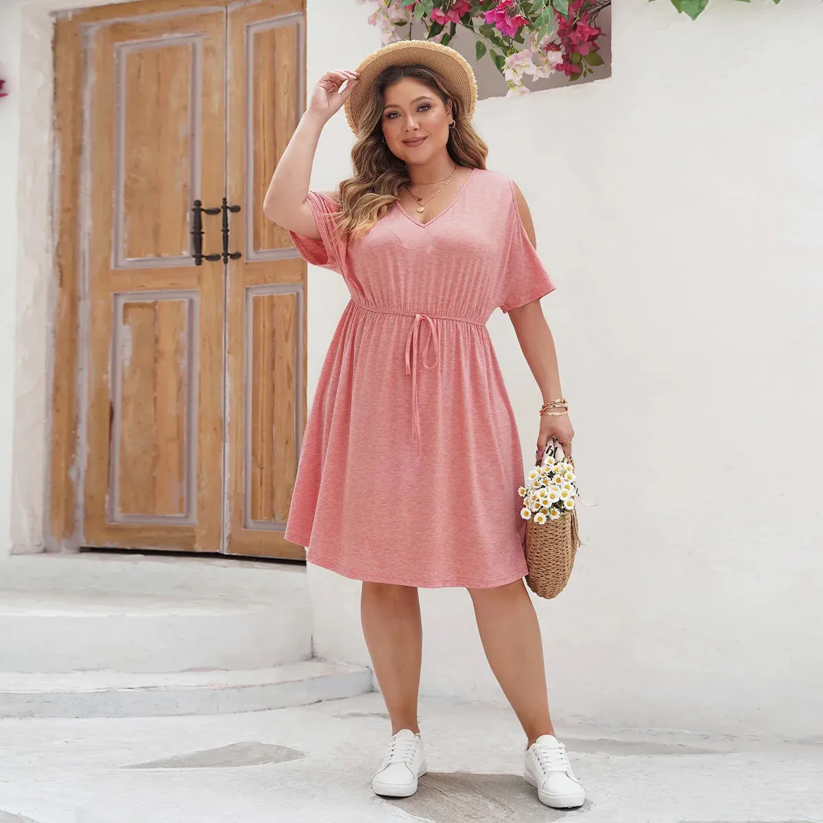 Pink V-Neck Loose Solid dress for Plus Size Women - Short Sleeve Oversized Fashion Clothing (240808) Pink V-Neck Loose Solid dress for Plus Size Women - Short Sleeve Oversized Fashion Clothing (240808)