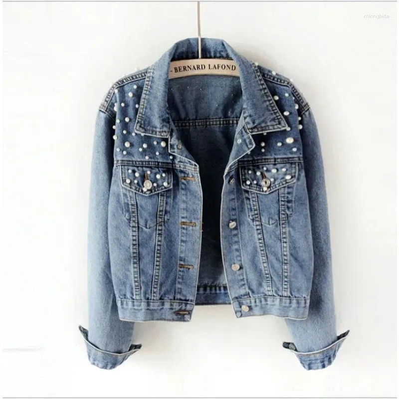 Trendy Womens Denim Jacket: Beaded Pearl Short Jean Jacket