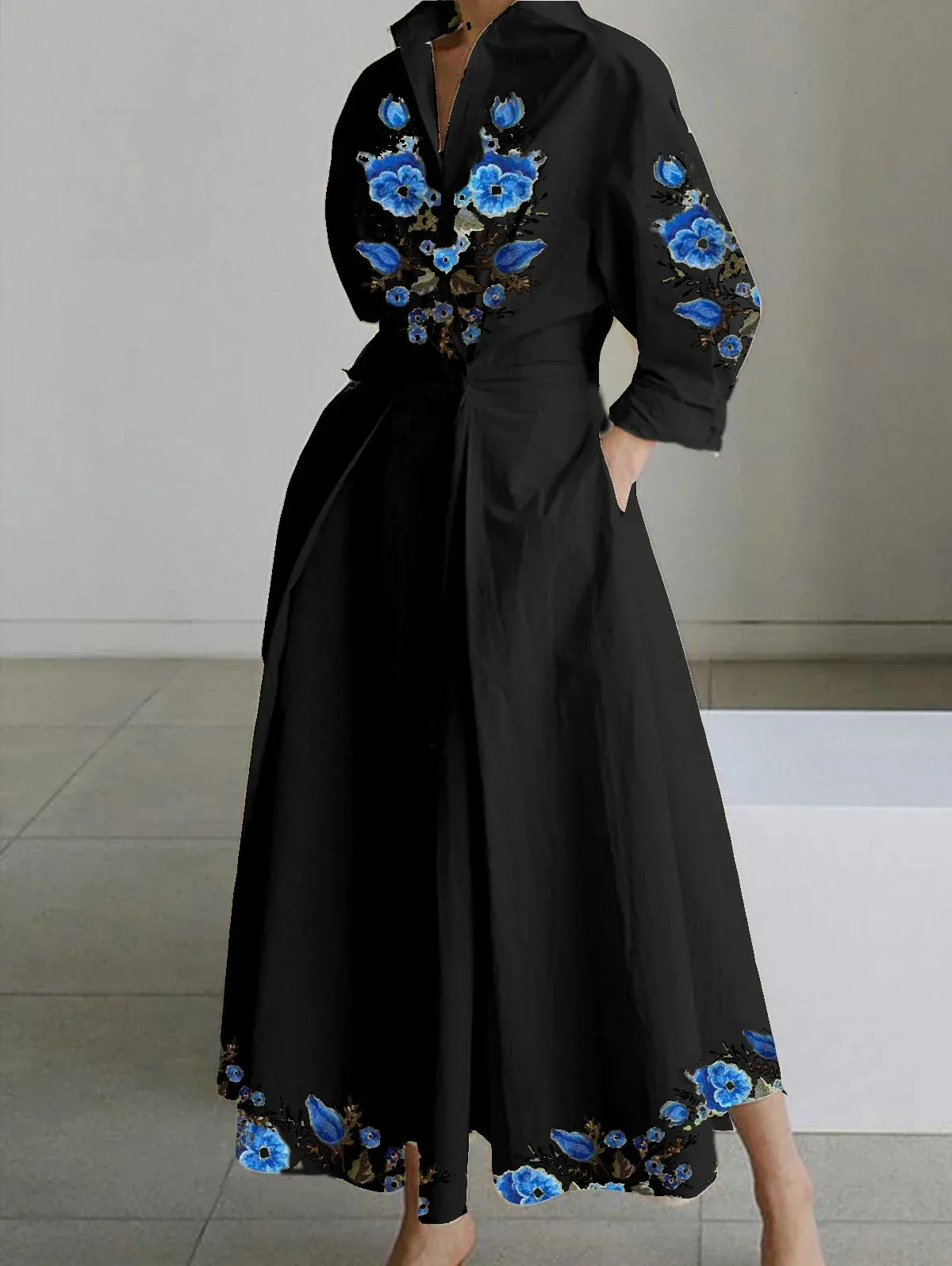 Women Shirt Dress Vintage Elegant A-Line Pleated Autumn Casual Lapel Collar Office Lady Female Floral Oil Paint Belt Midi Dress 240808