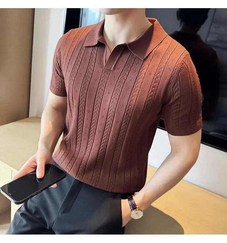 Striped Jacquard Knit Polo Shirt: Mens V-Neck Short Sleeve