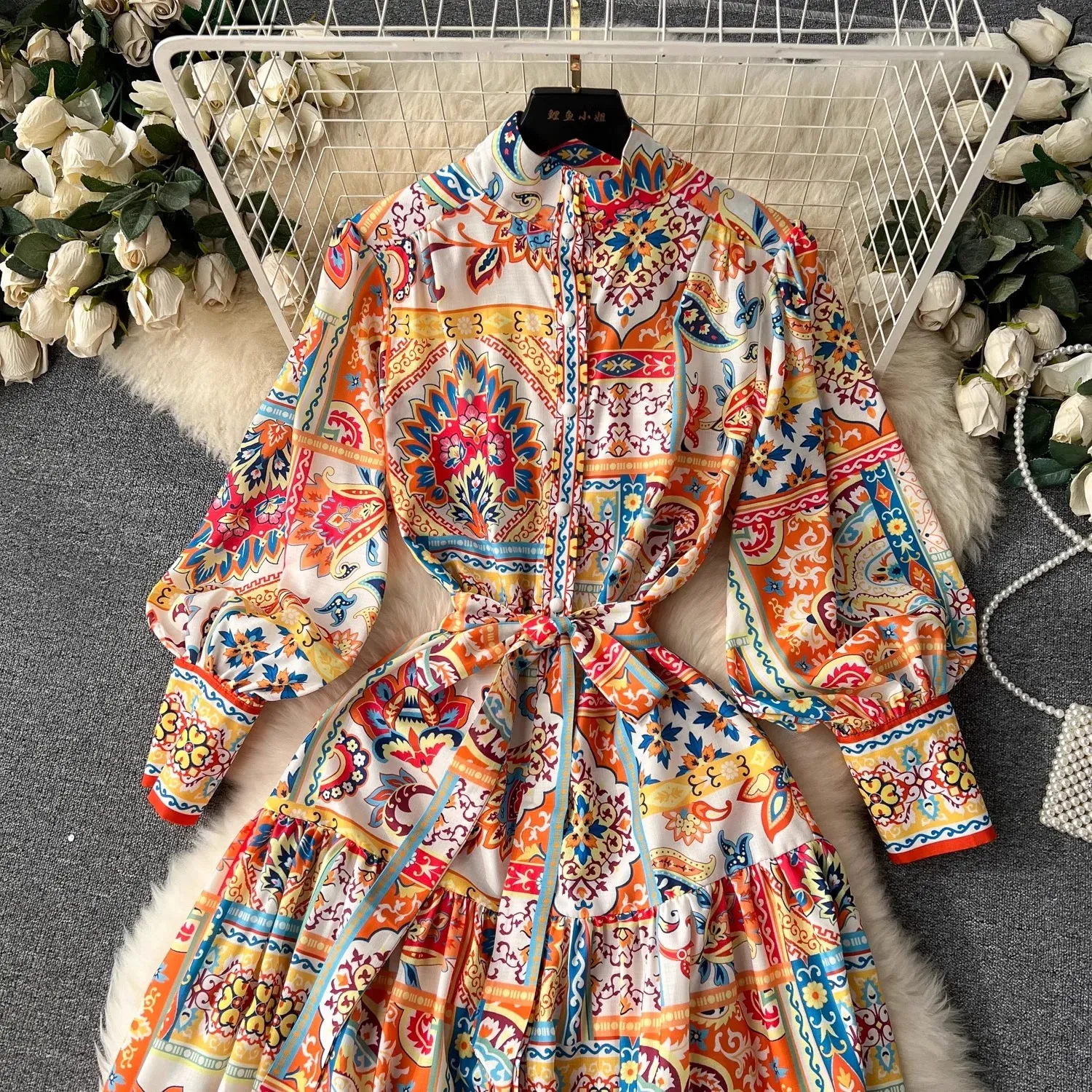 Lantern Sleeve Chiffon Maxi Dress Womens Long Sleeve Colorblock Print Beach  Dress With Waist Tie From Charm_clothes, $26.49 In Bulk | DHgate.Com